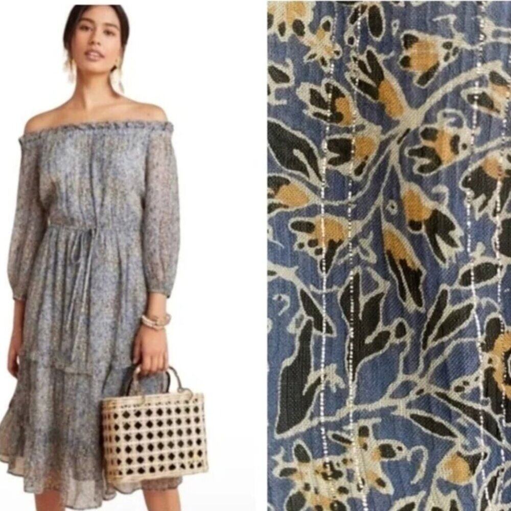 Anthropologie Blue Floral Off-Shoulder Midi Dress